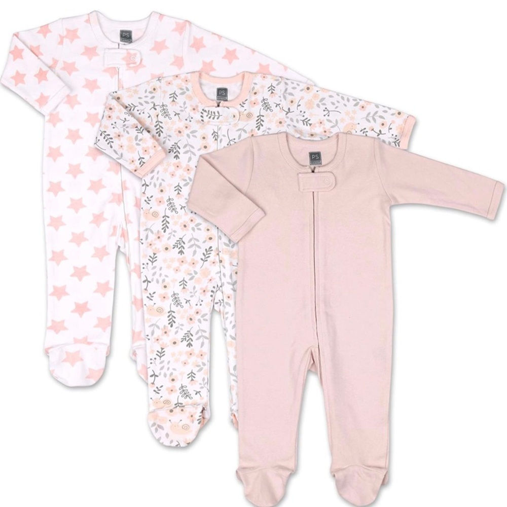 Pink Floral & Stars 3 Pack Footed Sleepers